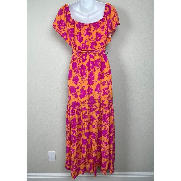 Flying Tomato Boho Maxi Dress M Off Shoulder Belted Orange Pink Floral - Picture 3 of 6